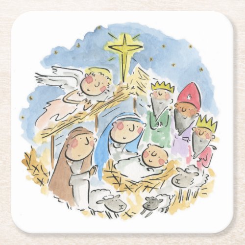 Away in a Manger Square Paper Coaster