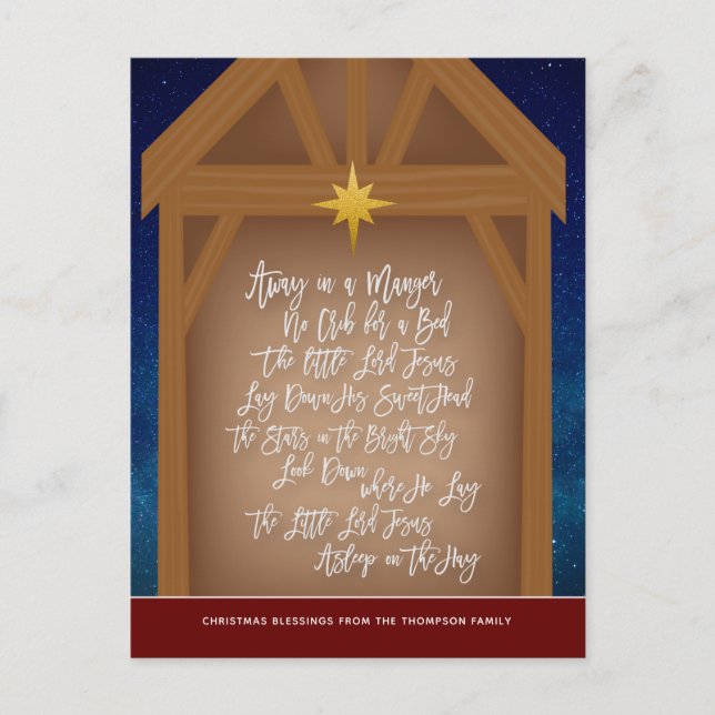 Away In A Manger Verse Script Typography Carol Holiday Postcard (Front)