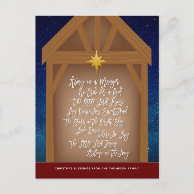 Away In A Manger Verse Script Typography Stable Holiday Postcard | Zazzle