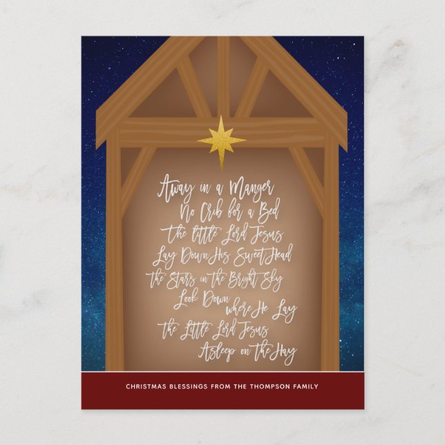 Away In A Manger Verse Script Typography Stable Holiday Postcard (Front)
