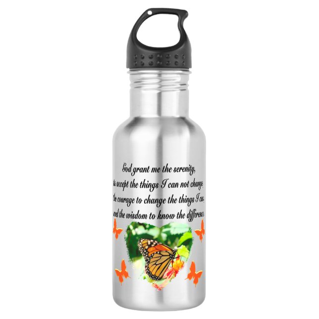 AWE INSPIRING BUTTERFLY SERENITY PRAYER PHOTO WATER BOTTLE (Front)