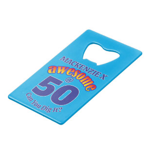 AWESOME 50th Birthday on Light BLUE Credit Card Bottle Opener