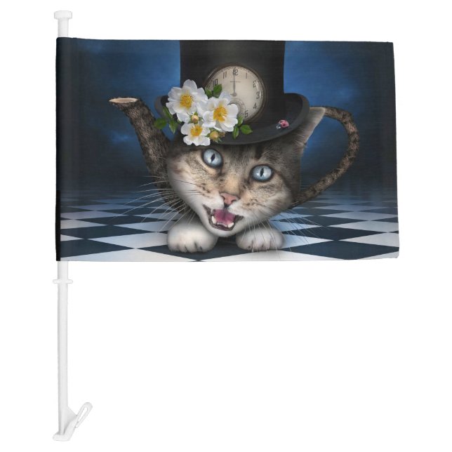 Awesome Alice in Wonderland Teacup Cat Car Flag (Front)