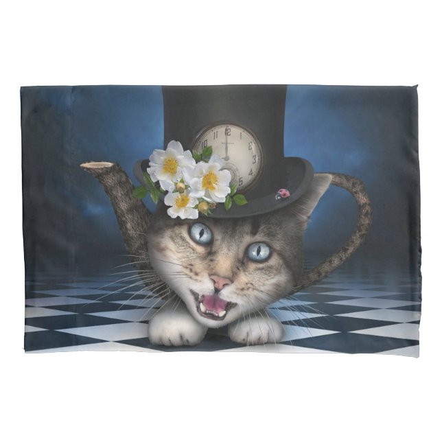 Awesome Alice in Wonderland Teacup Cat Pillow Case (Front)