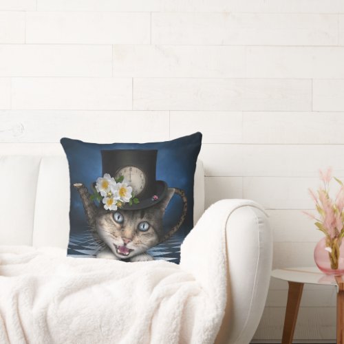 Awesome Alice in Wonderland Teacup Cat Throw Pillow