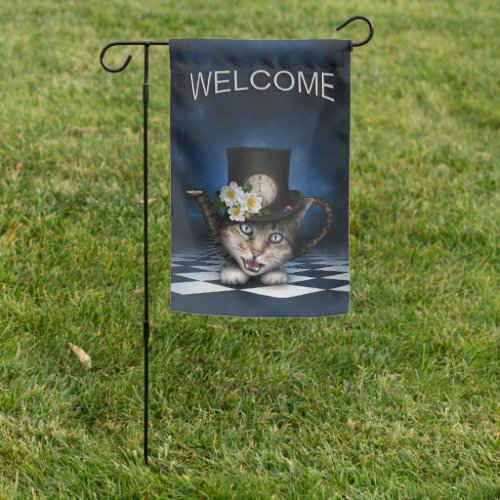 Awesome Alice in Wonderland Teapot Cat Welcome Garden Flag