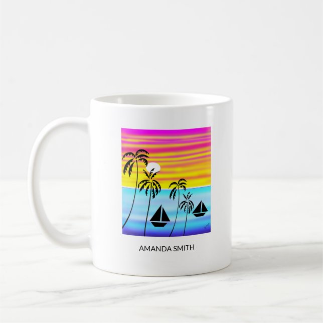 Awesome and Colorful Tropical Sunset Sailing  Coffee Mug (Left)