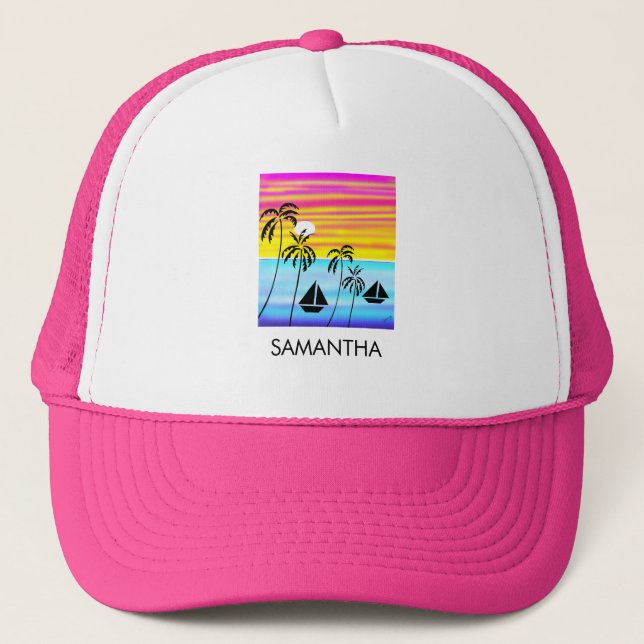 Awesome and Colorful Tropical Sunset Sailing  Trucker Hat (Front)