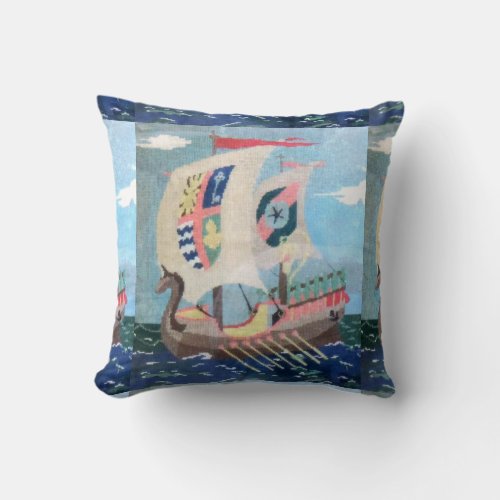 Awesome Antique Needlepoint Viking Ship Colorful Throw Pillow