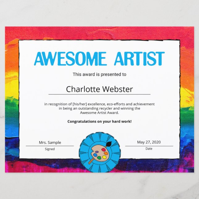 Awesome Artist Certificate of Achievement PDF (Front)