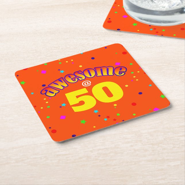 Awesome at 50 square paper coaster (Angled)