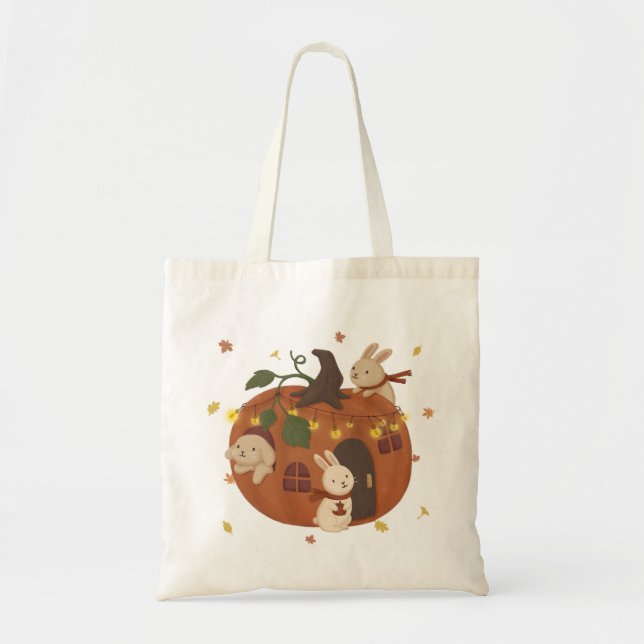 Awesome Autumn: Bunny & Pumpkin Tote Bag (Front)