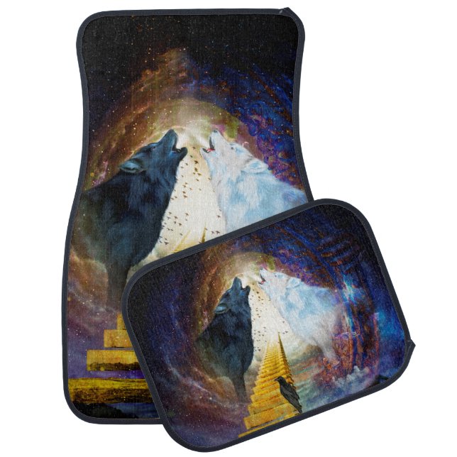 Awesome black and white wolf car floor mat (Set)