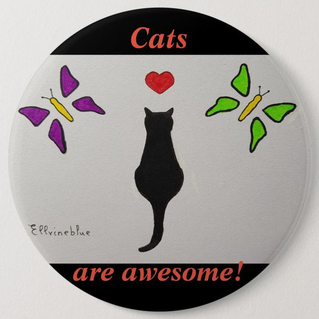 Awesome Black cat drawing, red heart, butterfly. Button (Front)