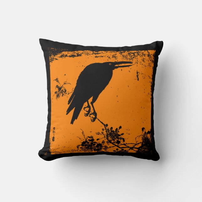 Awesome Black Raven on Orange Throw Pillow (Front)