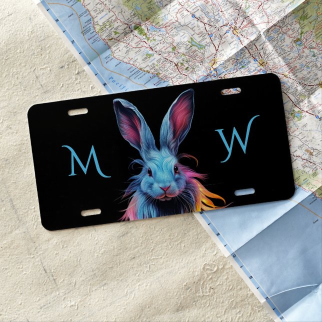 Awesome Blue Bunny Rabbit Monogram License Plate (In Situ)