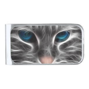 Awesome Blue Eyed Cat Face Silver Finish Money Clip