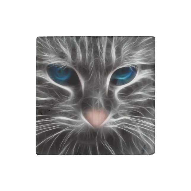 Awesome Blue Eyed Cat Face Stone Magnet (Front)