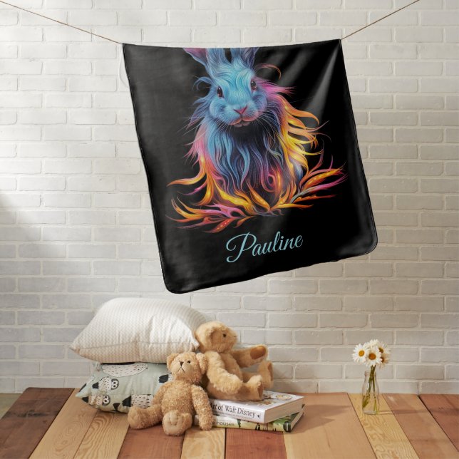 Awesome Blue Rabbit on Fire Baby Name Baby Blanket (In Situ)