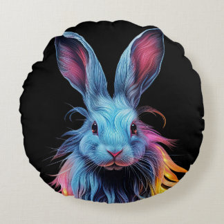 Awesome Blue Rabbit on Fire  Round Pillow