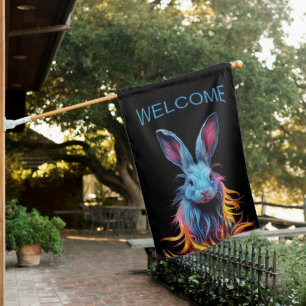 Awesome Blue Rabbit on Fire Welcome House Flag