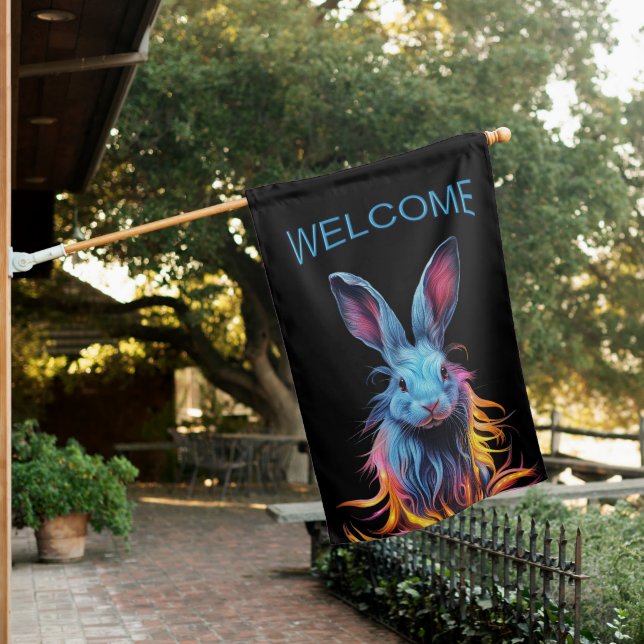 Awesome Blue Rabbit on Fire Welcome House Flag (In SItu)