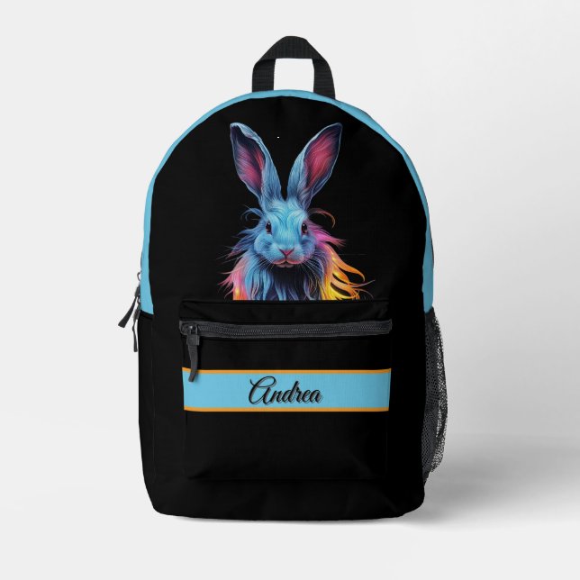 Awesome Blue Rabbit with Personal Name Printed Backpack (Front)
