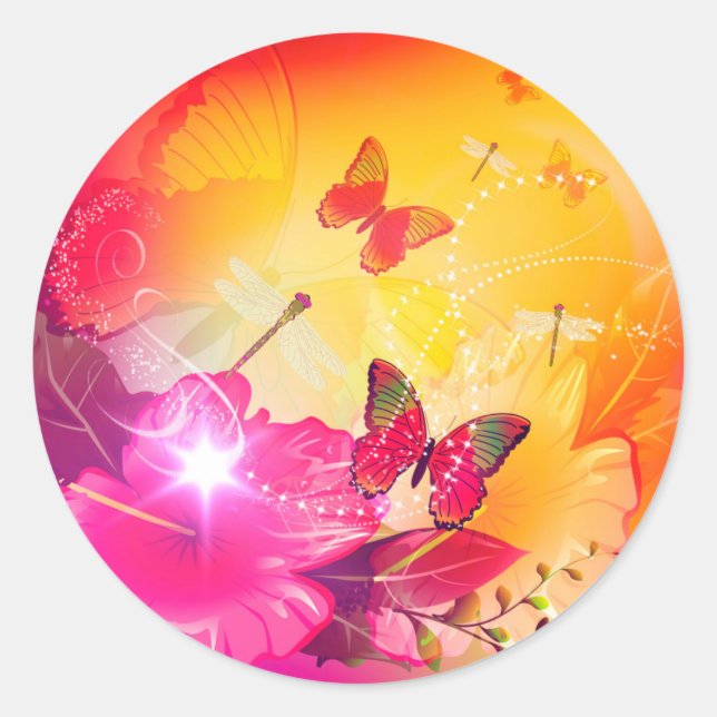Awesome colorful flowers and butterflys classic round sticker (Front)