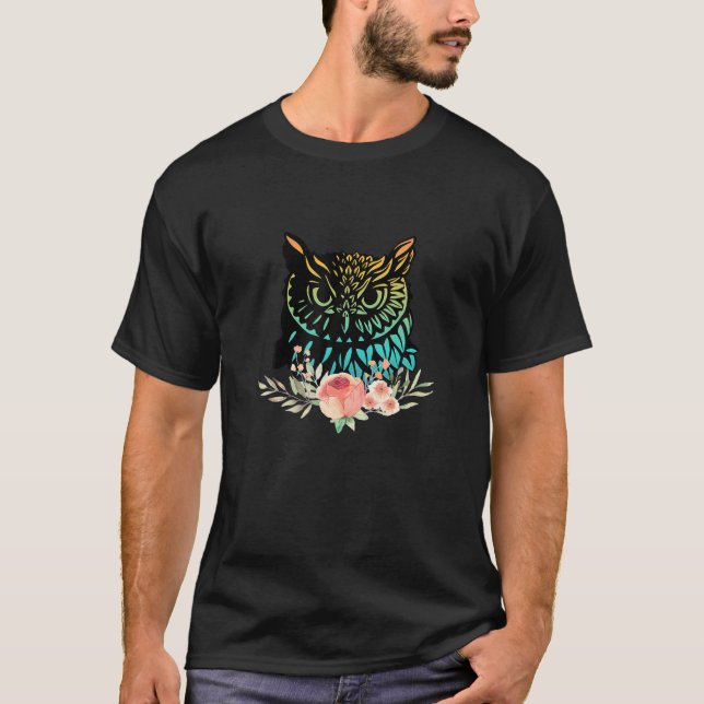 Awesome Colorful Owl Head With Rose T-Shirt (Front)