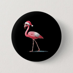 Awesome Cool Flamingo With Christmas Hat And Sungl Button