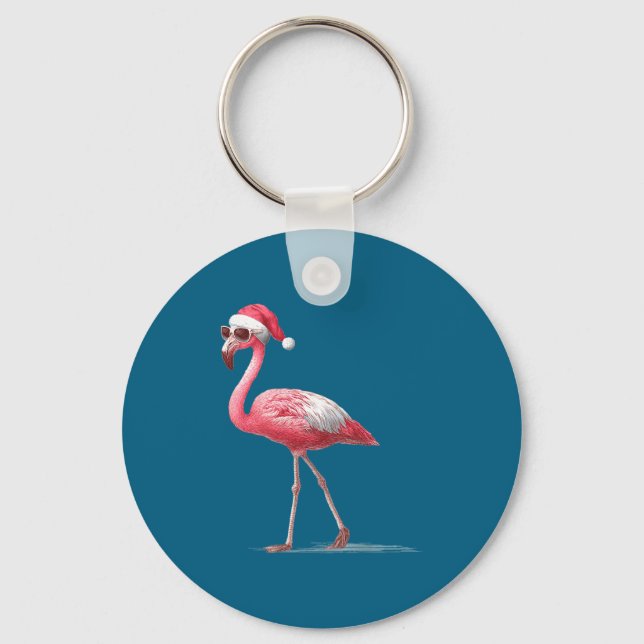 Awesome Cool Flamingo With Christmas Hat And Sungl Keychain (Front)