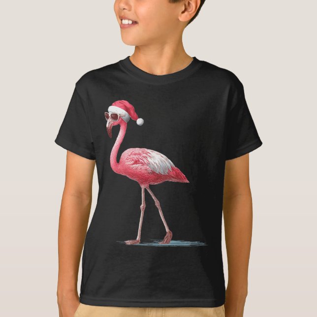 Awesome Cool Flamingo With Christmas Hat And Sungl T-Shirt (Front)