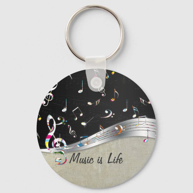 Awesome cool "Music is Life" colorful music notes Keychain (Front)