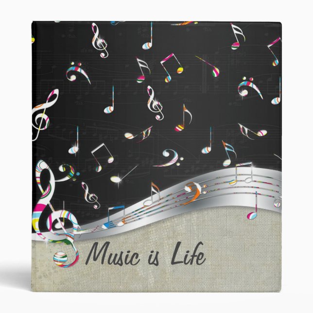 Awesome cool "Music is Life" colourful music notes Binder (Front)