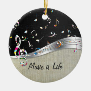 Awesome cool "Music is Life" colourful music notes Ceramic Ornament