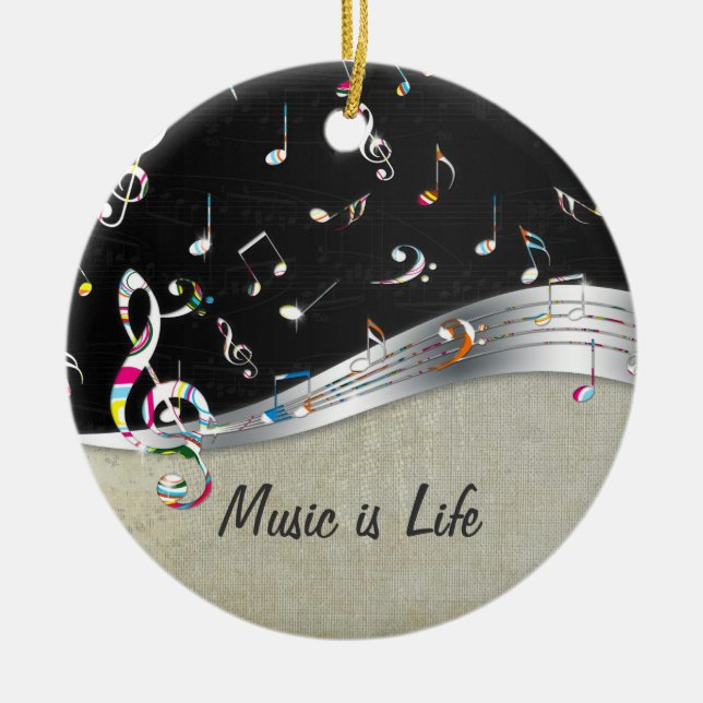 Awesome cool "Music is Life" colourful music notes Ceramic Ornament (Front)