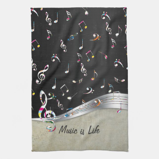 Awesome cool "Music is Life" colourful music notes Kitchen Towel (Vertical)