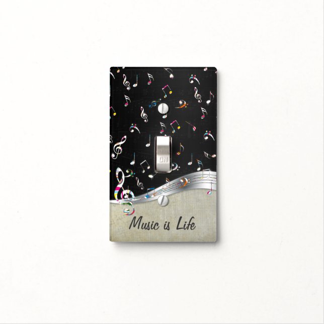 Awesome cool "Music is Life" colourful music notes Light Switch Cover (In Situ)