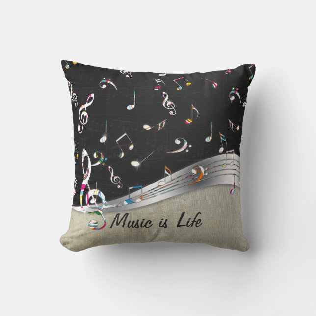 Awesome cool "Music is Life" colourful music notes Throw Pillow (Front)