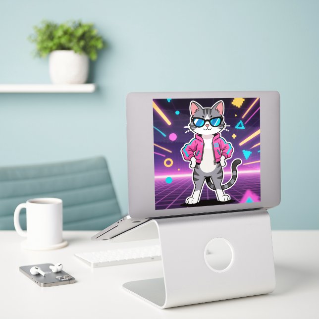 Awesome Cool Retro Gamer Cat Full Image Sticker (Laptop On Desk)