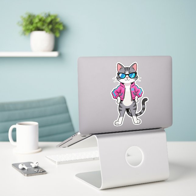 Awesome Cool Retro Gamer Cat Sticker (Laptop On Desk)