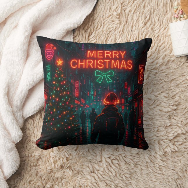 Awesome cyberpunk Christmas street Throw Pillow (Blanket)