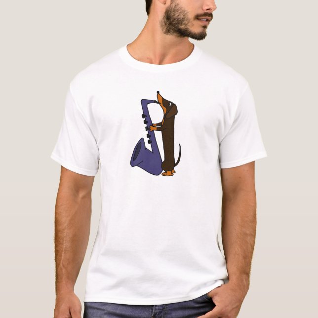 Awesome Dachshund Dog Playing Saxophone T-Shirt (Front)