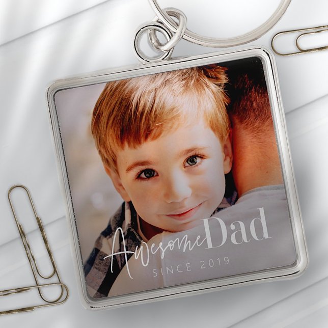 Awesome Dad Since 20XX Modern Simple Elegant Photo Keychain (Creator Uploaded)