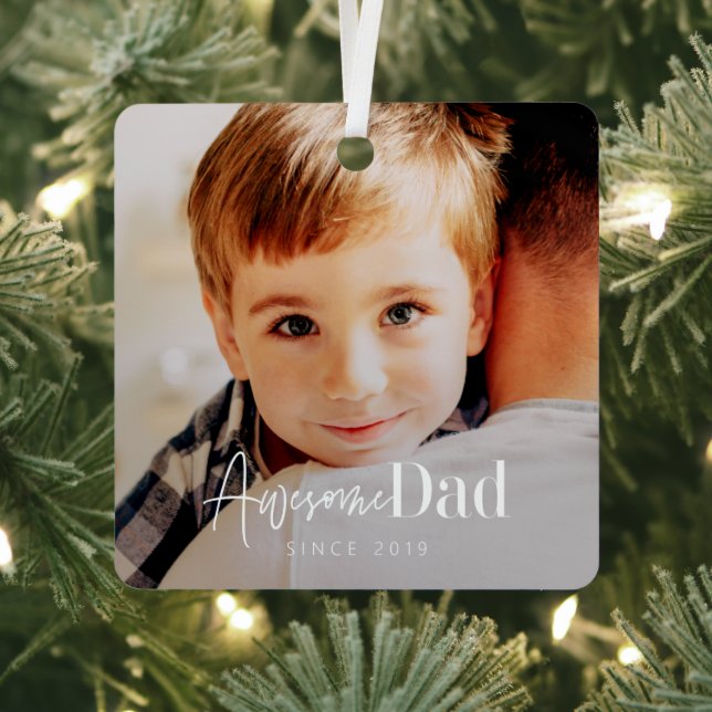 Awesome Dad Since 20XX Modern Simple Elegant Photo Metal Ornament (Insitu)