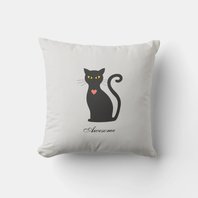 Awesome Dark Gray Cat on Light Silver Throw Pillow (Front)