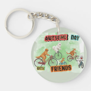 Awesome Day with Friends - Dogs and Cats on Bikes Keychain