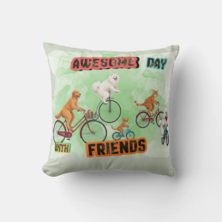 Awesome Day with Friends - Dogs and Cats on Bikes Throw Pillow