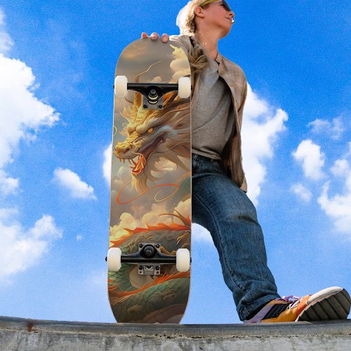 Awesome Dragon Soaring in Clouds Green Red Golden Skateboard