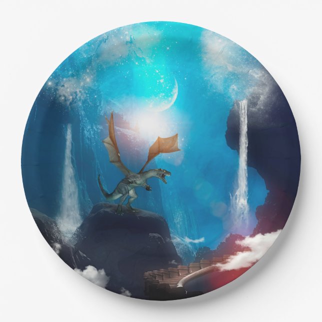 Awesome dragon with waterfalls paper plates (Front)